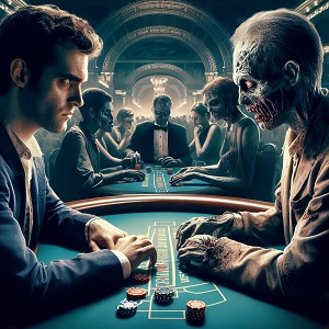 Hombre enfrente de zombi apostando en el casino