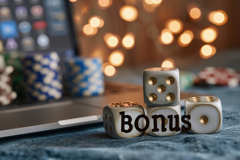Dados delante de ordenador indicando bonus de casino