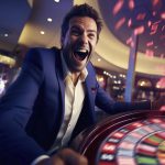 Hombre feliz al ganar en el casino