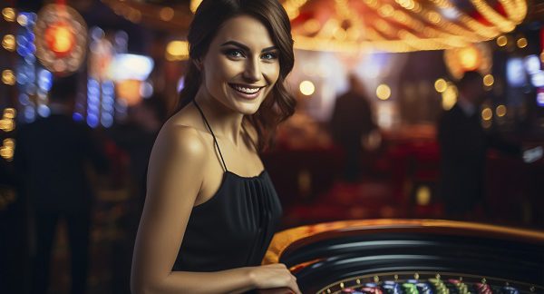 Mujer sonriendo junto a una ruleta en el casino